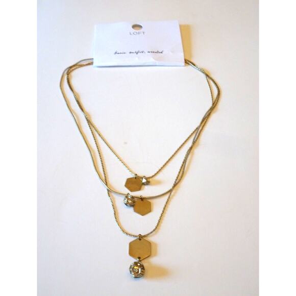 Ann Taylor Loft Women's Antique Gold Hexagon Fireball Tiered necklace NWT 34.5 - Picture 2 of 4